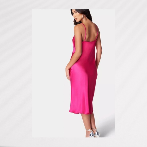 Bebe Satin Midi Slip Dress Women's Sz L Fuschia Cowl Neck Adjustable Straps - Picture 2 of 8